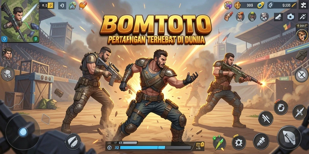 Screenshot gameplay BOMTOTO yang menampilkan pertempuran seru.