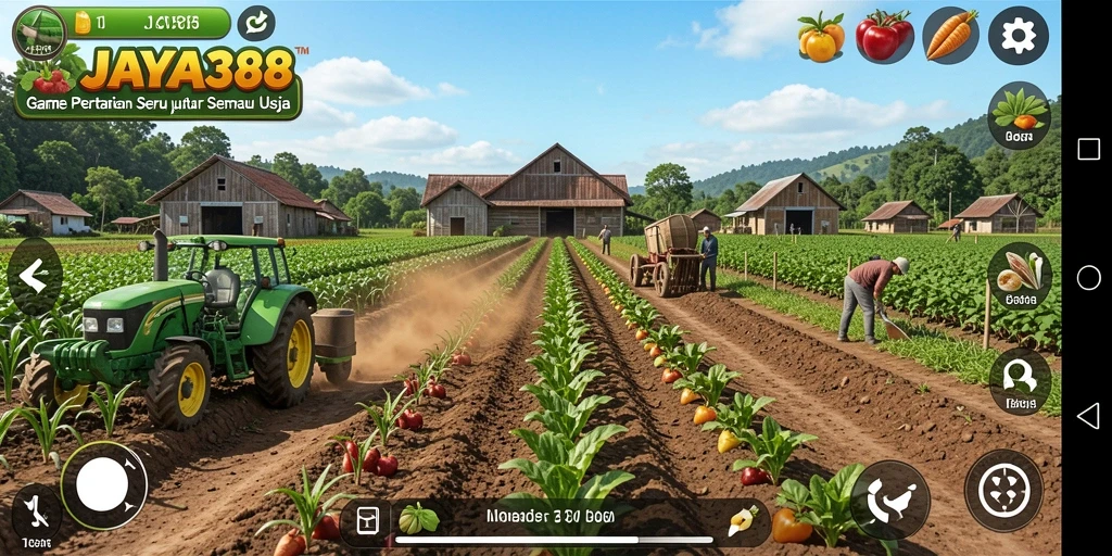 Screenshot gameplay JAYA388 menunjukkan lahan pertanian yang luas dengan berbagai tanaman yang tumbuh.