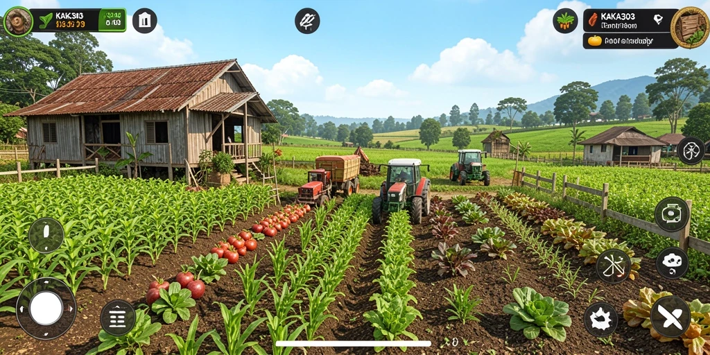 Screenshot gameplay KAKA303 yang menampilkan suasana pertanian yang hidup.