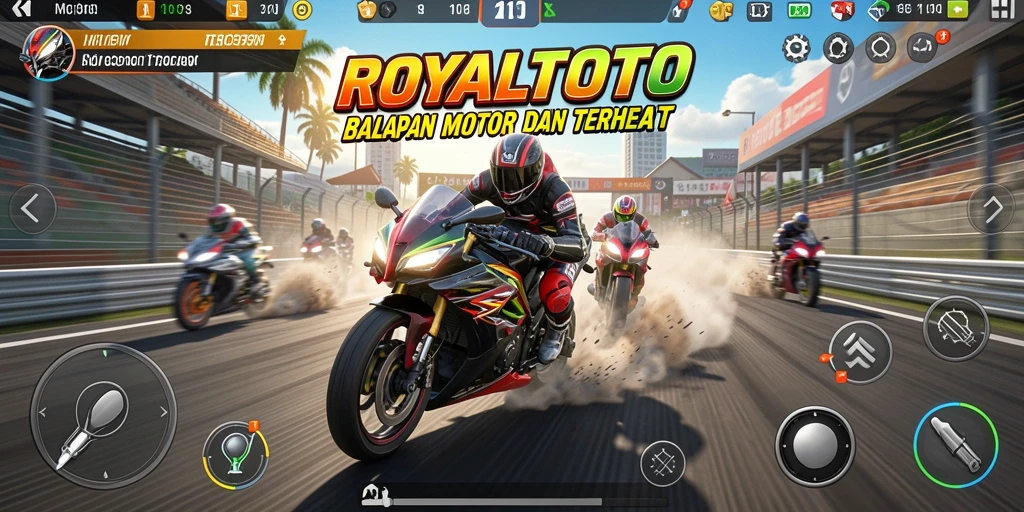 Screenshot gameplay ROYALTOTO menampilkan balapan motor yang mendebarkan.
