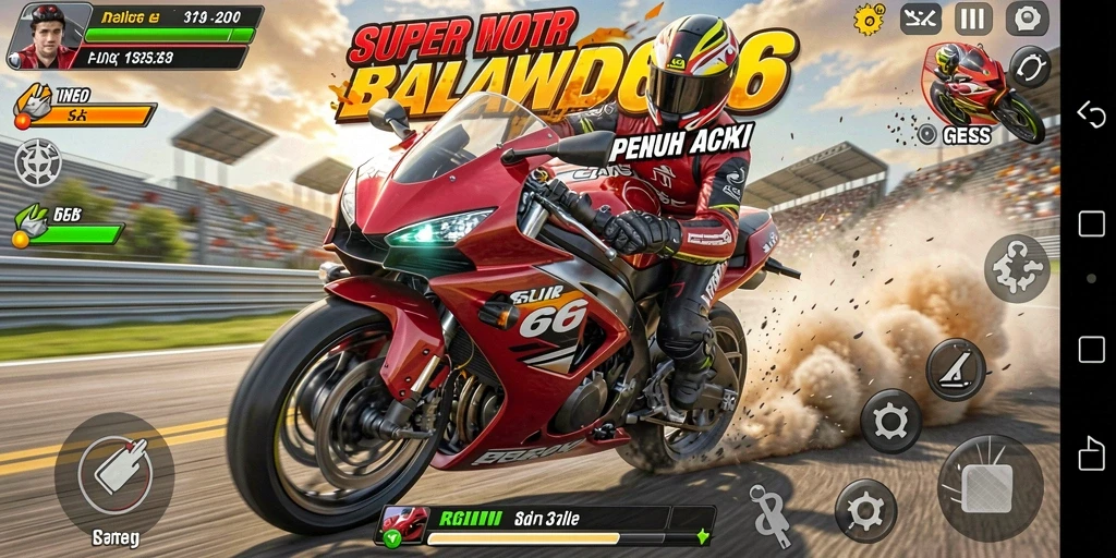 Gameplay SUPERWD666 menampilkan balapan motor yang seru dan mendebarkan.