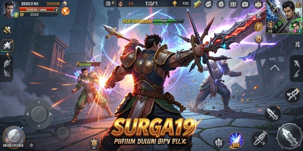 Screenshot gameplay SURGA19 menampilkan pertarungan seru dan karakter ikonik.