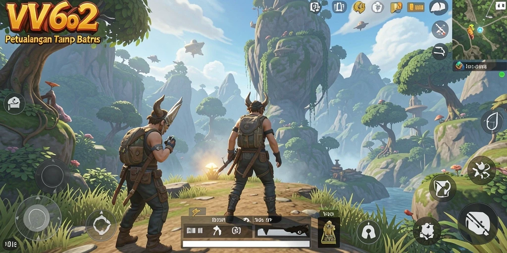 Screenshot gameplay VV62 menampilkan eksplorasi dunia terbuka yang luas.